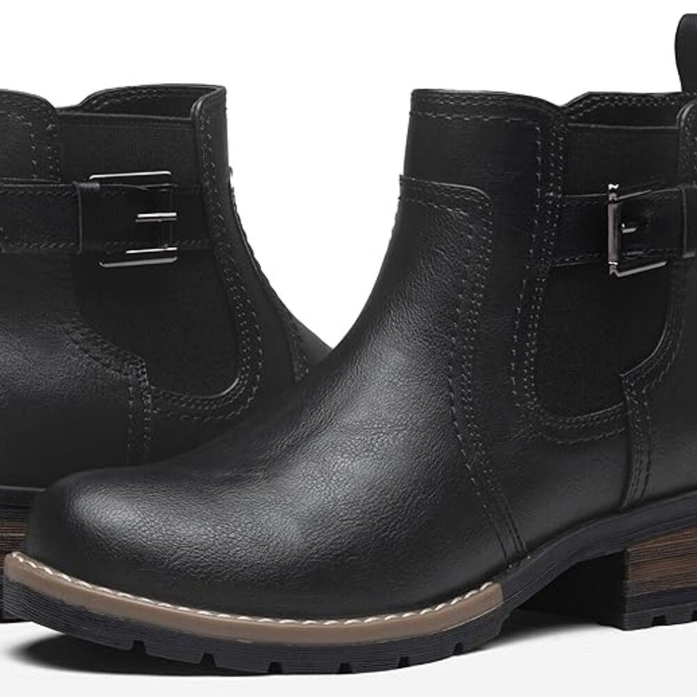 Black Ankle Boots 8.5 - 9 Booties Shoes Moto Short Chelsea Low Heel Faux Leather - Picture 2 of 7